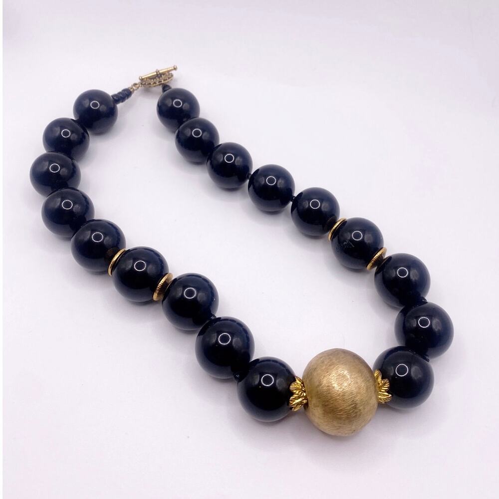 Vintage Black Onyx And Venetian Metal Golden  Spheres Chunky Necklace 14”